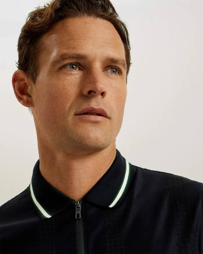 Men ORBITE 8211 Slim Fit Jacquard Zip Polo Shirt Navy Ted Baker Polo Shirts