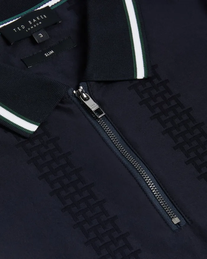Men ORBITE 8211 Slim Fit Jacquard Zip Polo Shirt Navy Ted Baker Polo Shirts