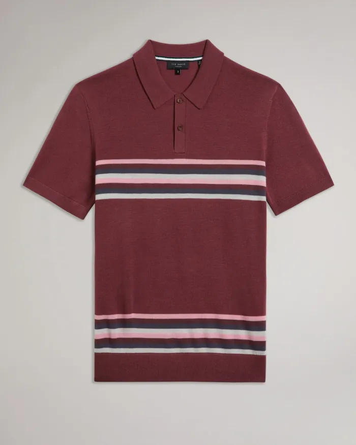 Men PITAL 8211 Striped Wool Polo Shirt Maroon Ted Baker Polo Shirts