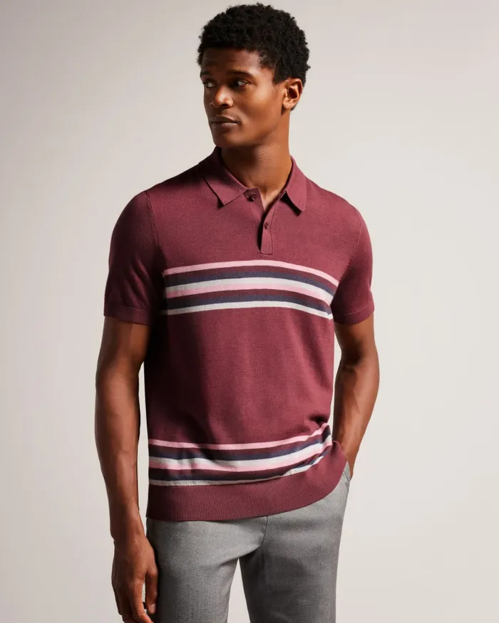 Men PITAL 8211 Striped Wool Polo Shirt Maroon Ted Baker Polo Shirts
