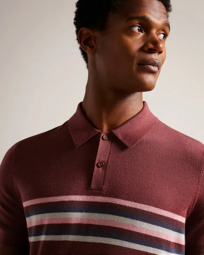 Men PITAL 8211 Striped Wool Polo Shirt Maroon Ted Baker Polo Shirts