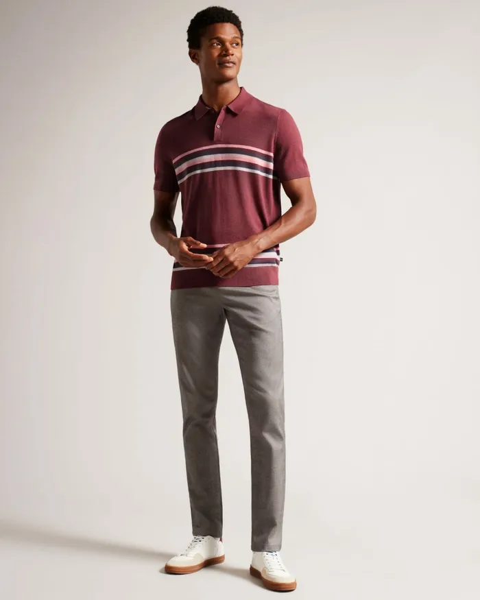 Men PITAL 8211 Striped Wool Polo Shirt Maroon Ted Baker Polo Shirts