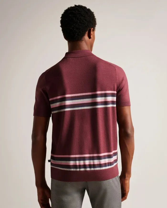 Men PITAL 8211 Striped Wool Polo Shirt Maroon Ted Baker Polo Shirts