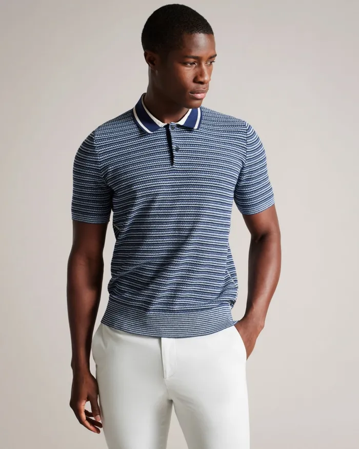 Men RADWINT 8211 Short Sleeve Textured Striped Polo Shirt Dark Blue Ted Baker Jumpers and Knitwear