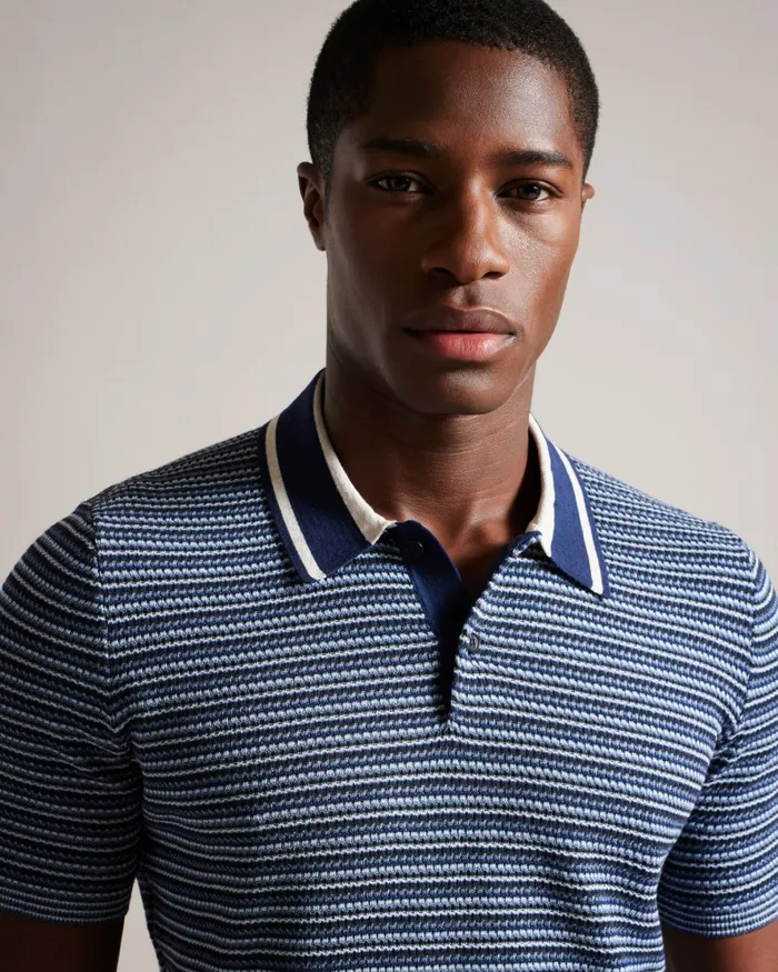 Men RADWINT 8211 Short Sleeve Textured Striped Polo Shirt Dark Blue Ted Baker Jumpers and Knitwear