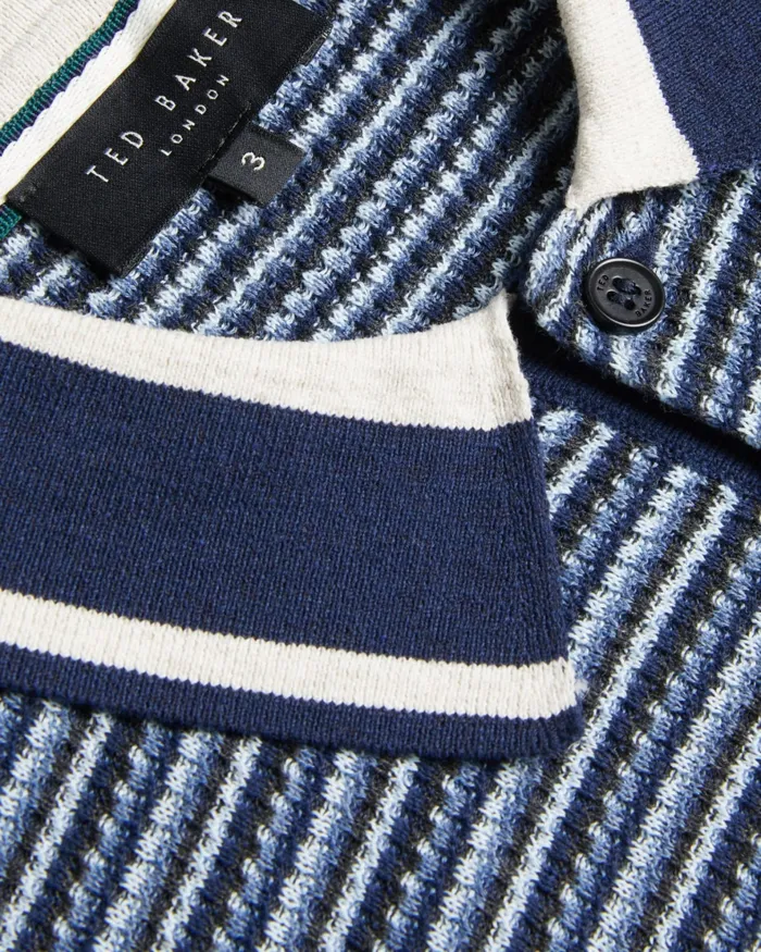 Men RADWINT 8211 Short Sleeve Textured Striped Polo Shirt Dark Blue Ted Baker Jumpers and Knitwear