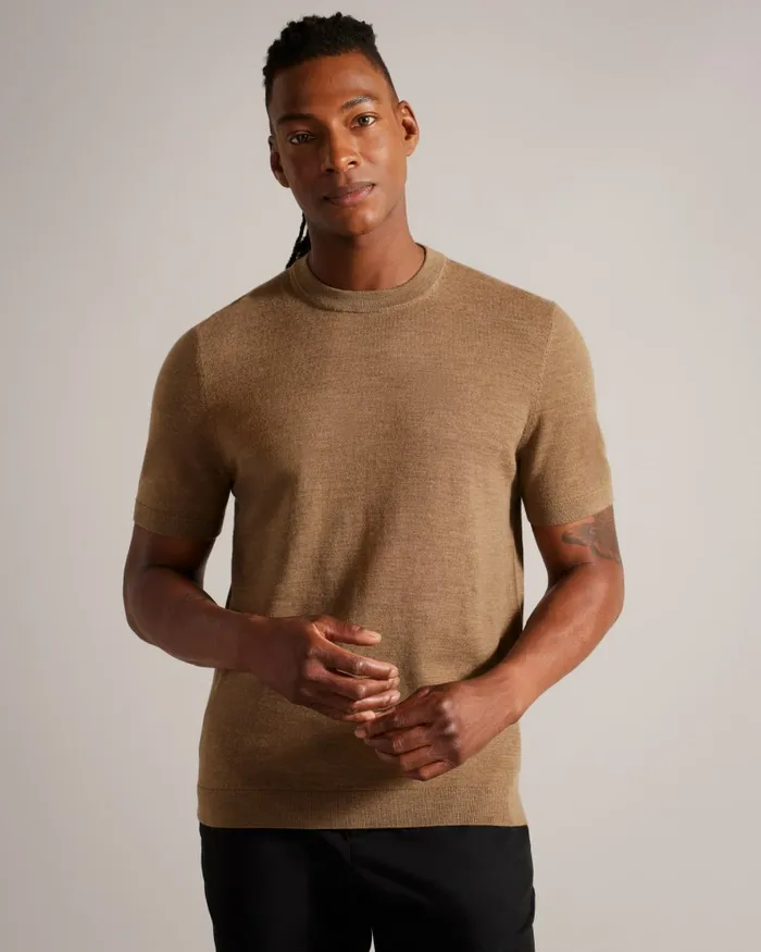 Men SENTI 8211 Short Sleeve Knitted TShirt Dark Tan Ted Baker Jumpers and Knitwear