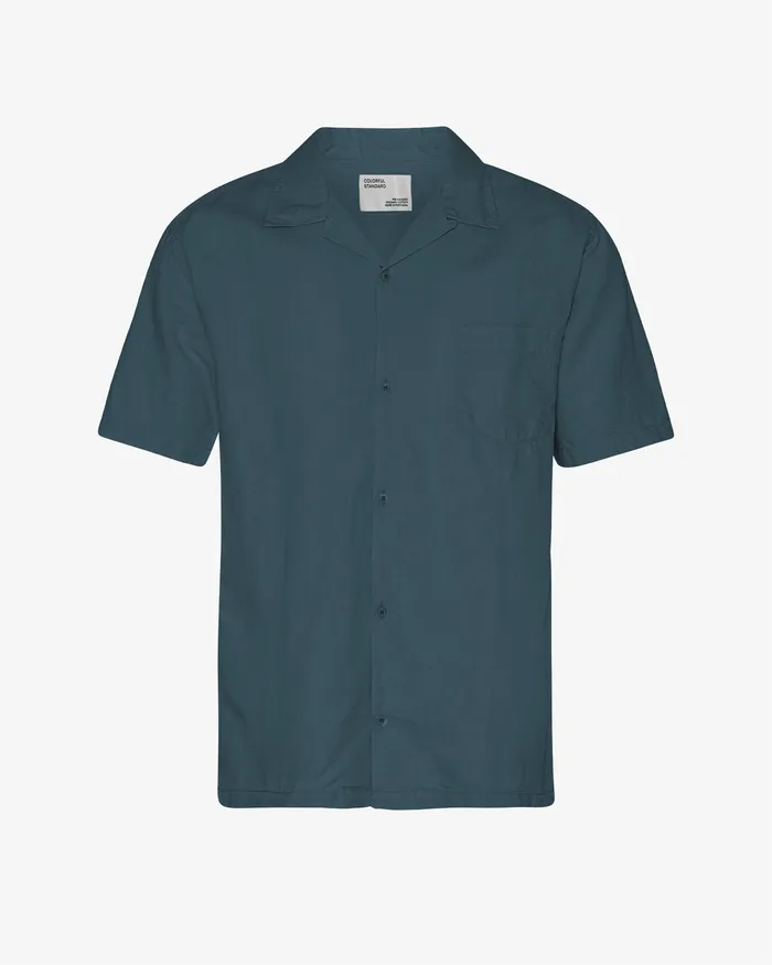 Men Shirts Colorfulstandard Linen Short Sleeved Shirt 8211 Petrol Blue