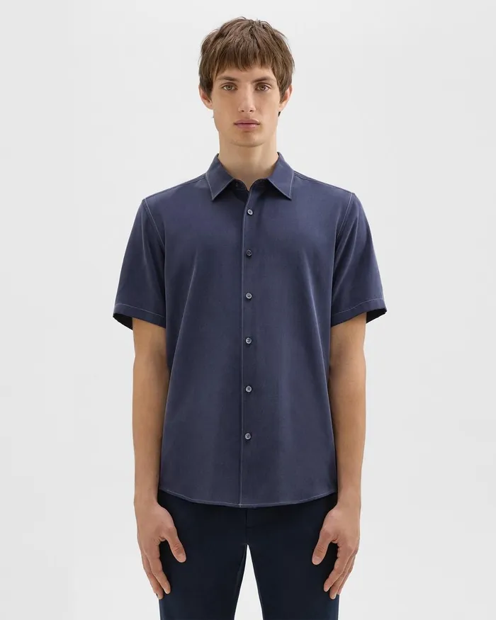 Men Shirts Theory Irving ShortSleeve Shirt In Fluid Twill Baltic
