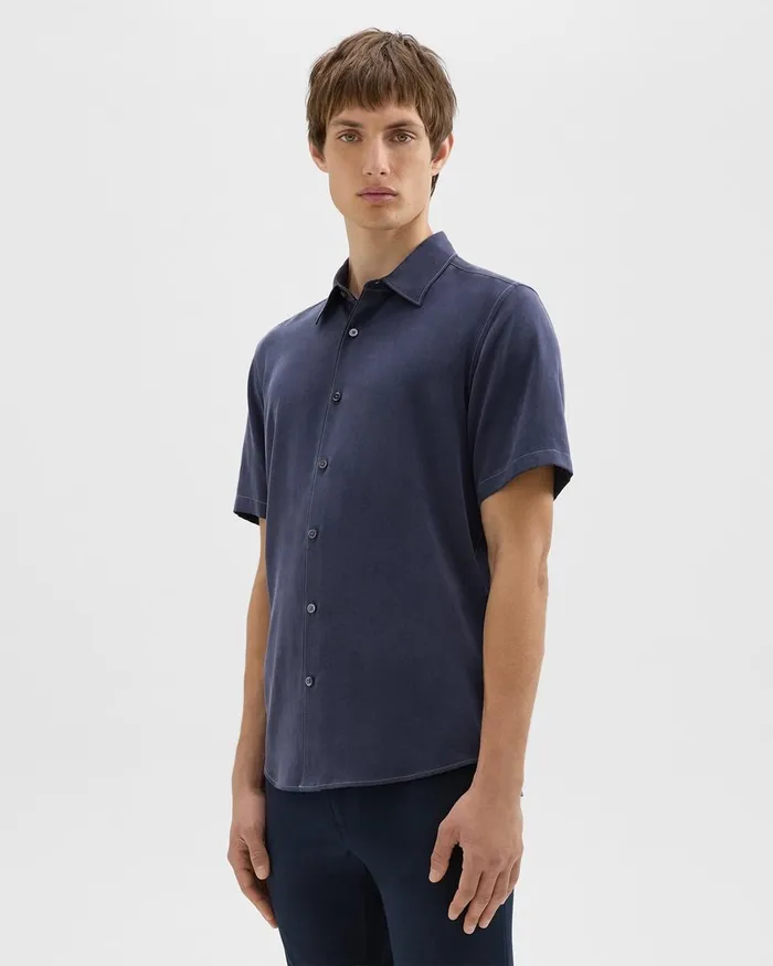 Men Shirts Theory Irving ShortSleeve Shirt In Fluid Twill Baltic