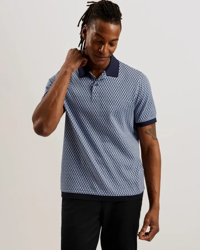 Men SKELT 8211 Jacquard Geometric Cotton Polo Shirt Blue Ted Baker Polo Shirts