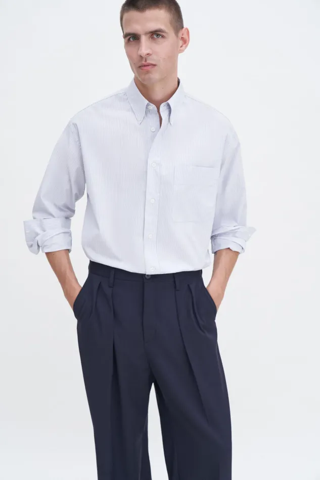 Men Stripe Button Down Shirt Soft Bluewhite Filippa K Shirts