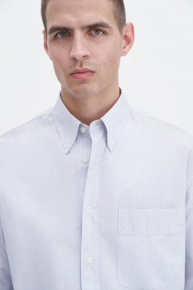 Men Stripe Button Down Shirt Soft Bluewhite Filippa K Shirts
