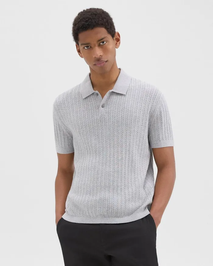 Men Sweaters Cardigans Theory Cable Knit Polo In Cotton Light Grey Heather