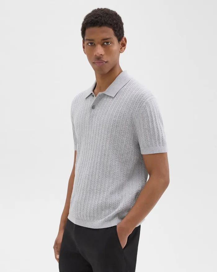 Men Sweaters Cardigans Theory Cable Knit Polo In Cotton Light Grey Heather