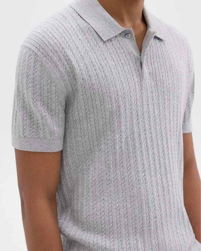 Men Sweaters Cardigans Theory Cable Knit Polo In Cotton Light Grey Heather