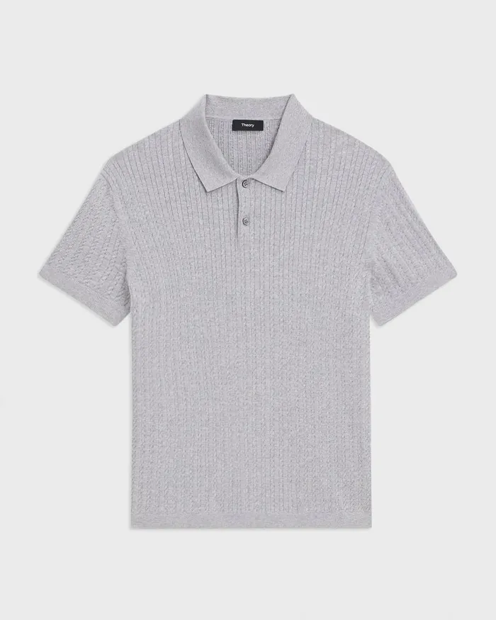 Men Sweaters Cardigans Theory Cable Knit Polo In Cotton Light Grey Heather
