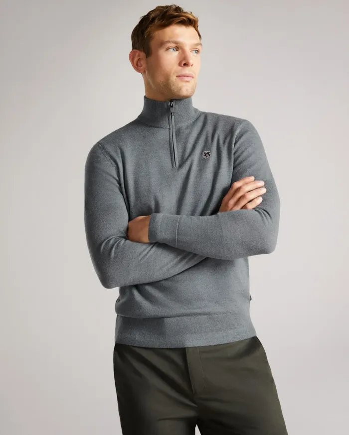 Men TOOTING 8211 Merino Wool Half Zip Top Charcoal Ted Baker Jumpers and Knitwear