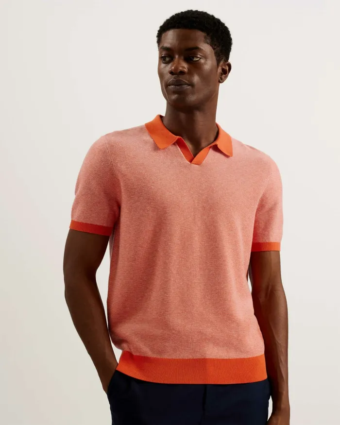 Men WULDER 8211 Open Neck Knitted Polo Shirt Bright Orange Ted Baker Jumpers and Knitwear Men WULDER 8211 Open Neck Knitted Polo Shirt Bright Orange Ted Baker Jumpers and Knitwear