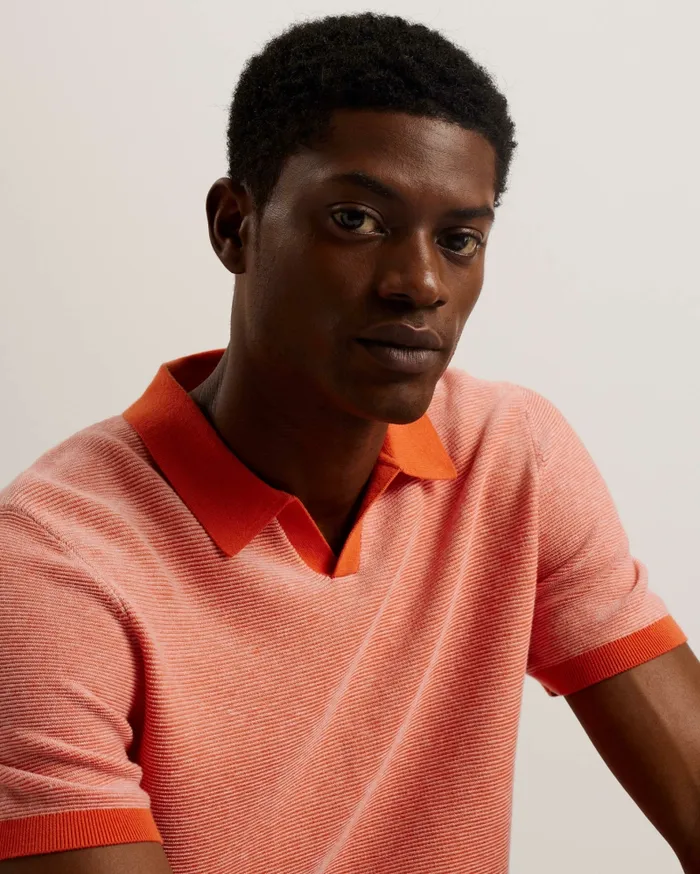 Men WULDER 8211 Open Neck Knitted Polo Shirt Bright Orange Ted Baker Jumpers and Knitwear Men WULDER 8211 Open Neck Knitted Polo Shirt Bright Orange Ted Baker Jumpers and Knitwear