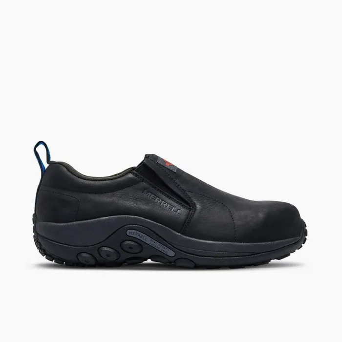 Merrell Jungle Moc Leather Comp Toe Work Shoe Wide Width Black Men SlipOns