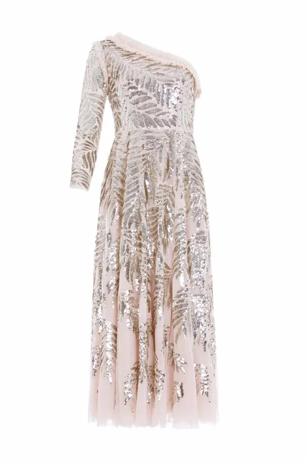 Needle and Thread Dresses Feather Sequin OneShoulder Ankle Gown Beige 8211 Women