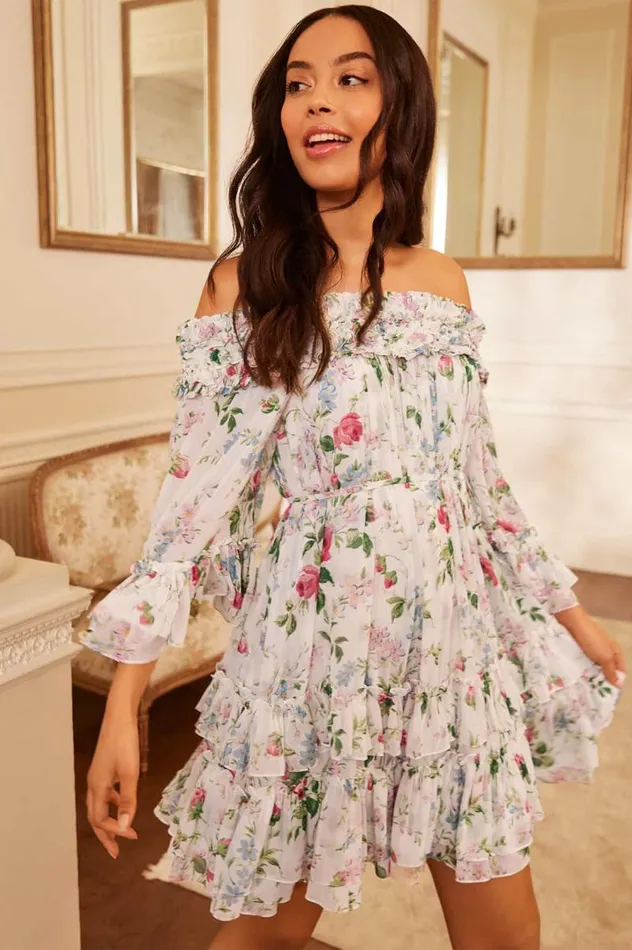 Needle and Thread Dresses Floral Fantasy Chiffon OffShoulder Micro Mini Dress Multi 8211 Women