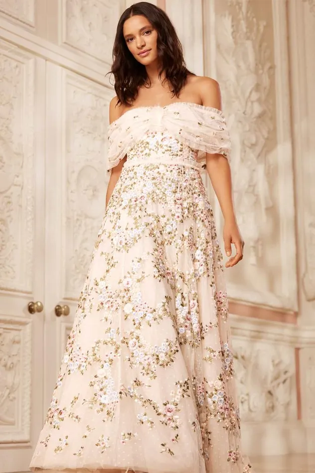 Needle and Thread Dresses Lunaria Wreath OffShoulder Gown Champagne 8211 Women