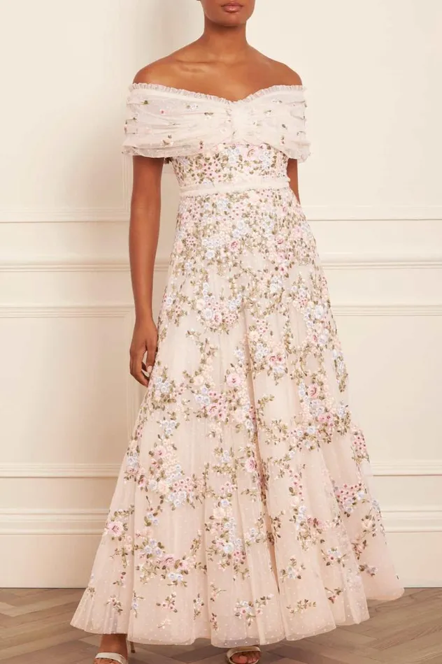 Needle and Thread Dresses Lunaria Wreath OffShoulder Gown Champagne 8211 Women