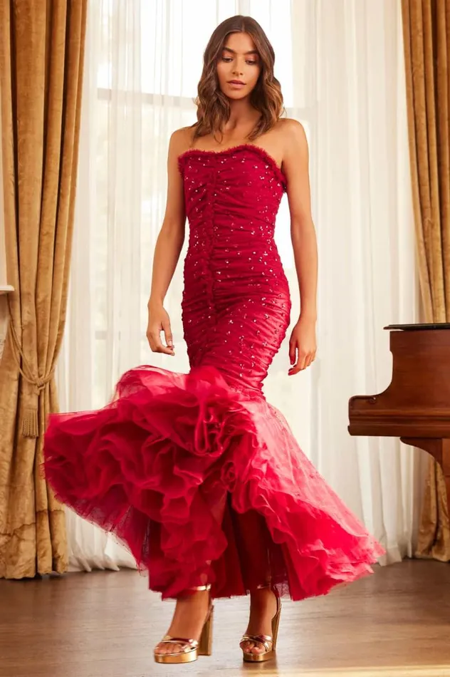 Needle and Thread Dresses Scatter Sequin Strapless Ankle Gown Red 8211 Women