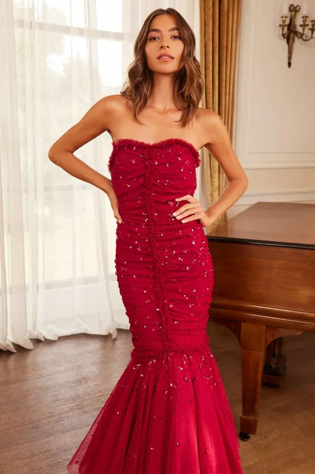 Needle and Thread Dresses Scatter Sequin Strapless Ankle Gown Red 8211 Women