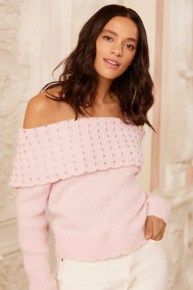 Needle and Thread Knitwear Embellished Bardot Jumper Pink 8211 Women