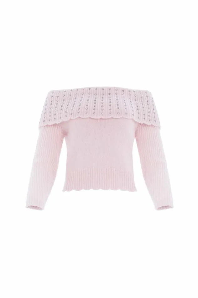 Needle and Thread Knitwear Embellished Bardot Jumper Pink 8211 Women