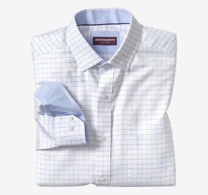 NonIron Dress Shirt White Windowpane Shirts Johnston and Murphy Men