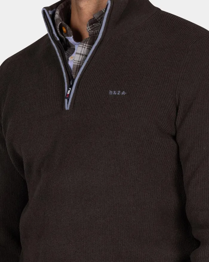 NZA New Zealand Auckland Knitwear Dark Brown Chenille HalfZip Sweater 8211 Dark Mocca 8211 Men