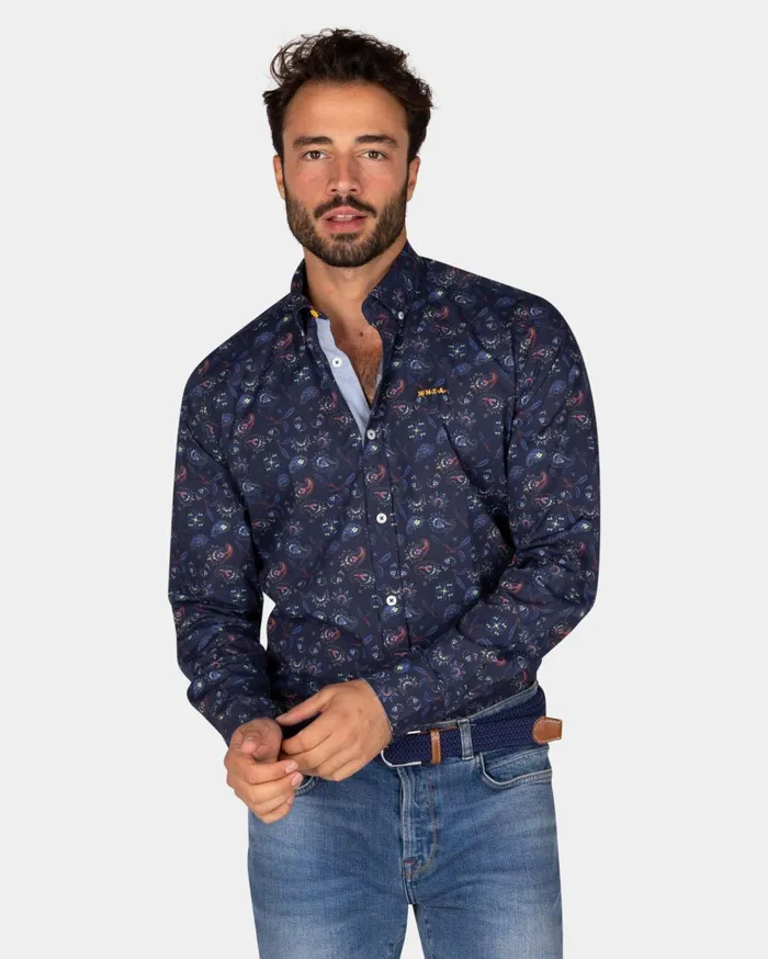 NZA New Zealand Auckland Shirts Dark Blue Shirt With Leaf Print 8211 Winter Navy 8211 Men