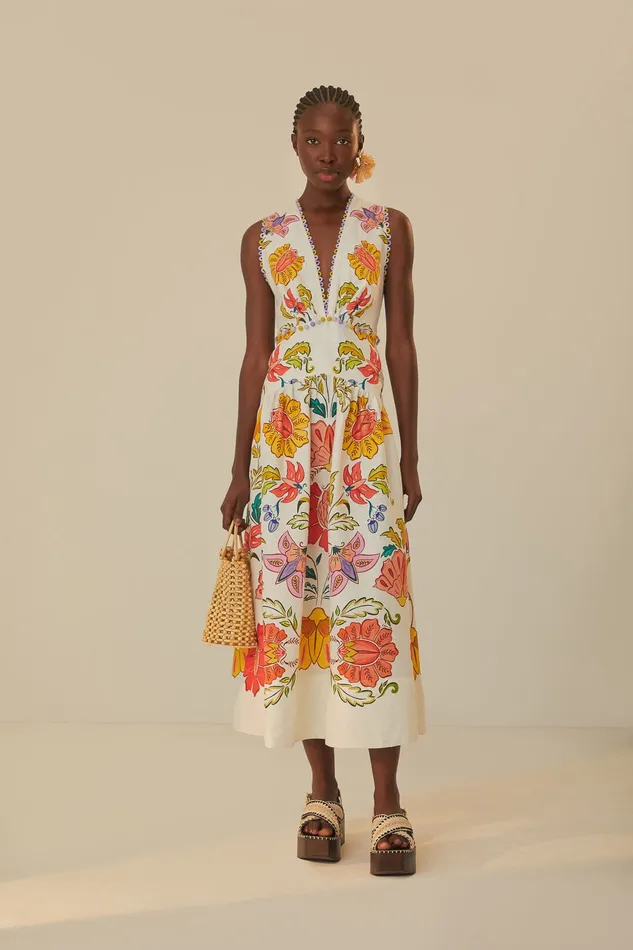 OffWhite Floral Insects Euroflax Premium Linen Maxi Dress Women Farm Rio Maxi Dresses
