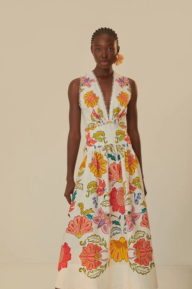 OffWhite Floral Insects Euroflax Premium Linen Maxi Dress Women Farm Rio Maxi Dresses