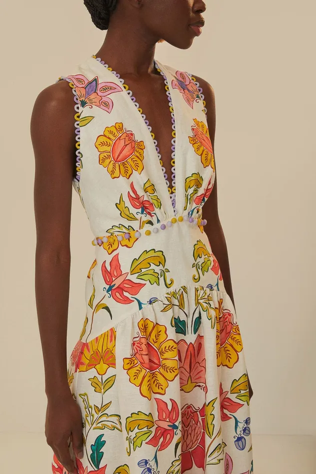OffWhite Floral Insects Euroflax Premium Linen Maxi Dress Women Farm Rio Maxi Dresses
