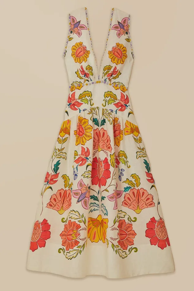 OffWhite Floral Insects Euroflax Premium Linen Maxi Dress Women Farm Rio Maxi Dresses