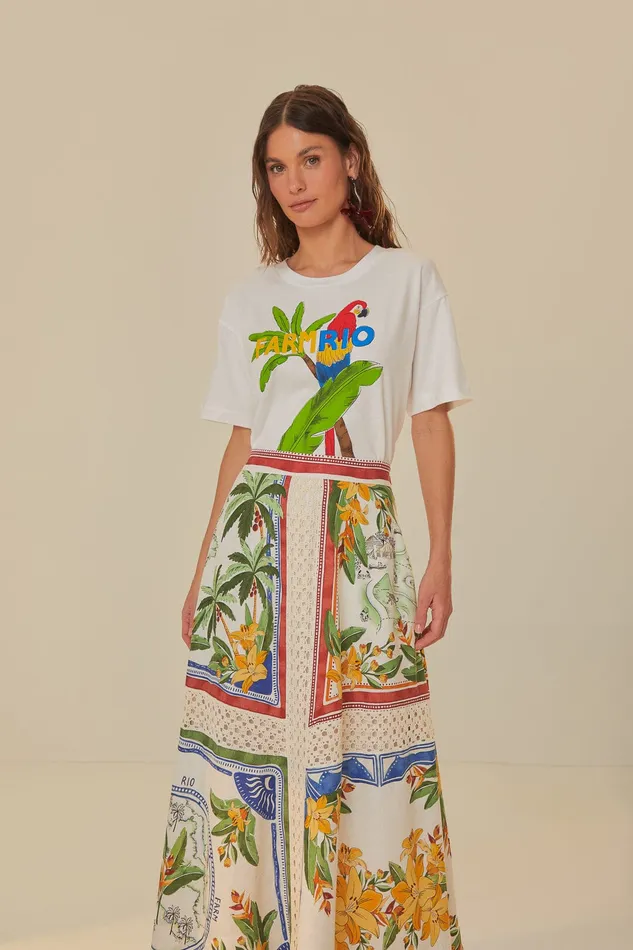 OffWhite Tropical Destination Lenzing Ecovero Euroflax Midi Skirt Women Farm Rio Skirts