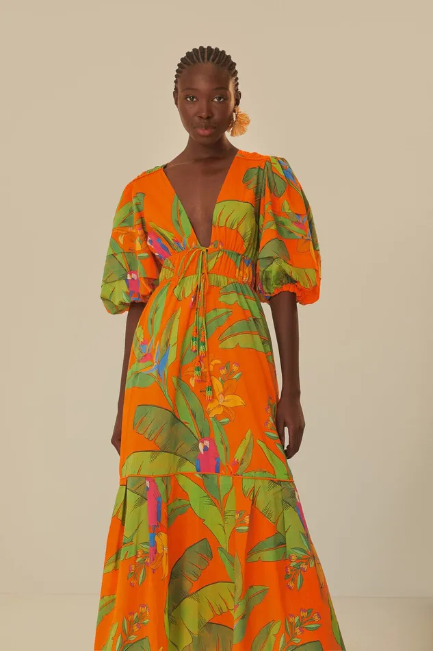 Orange Fresh Macaws Midi Dress Women Farm Rio Midi Dresses