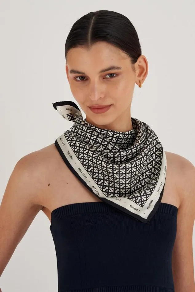 Oroton Scarves All Over Logo Silk Scarf Creamblack 8211 Accessories