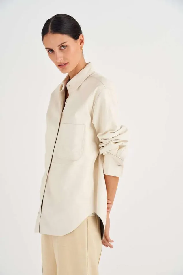 Oroton Tops Leather Overshirt Paper White 8211 Women