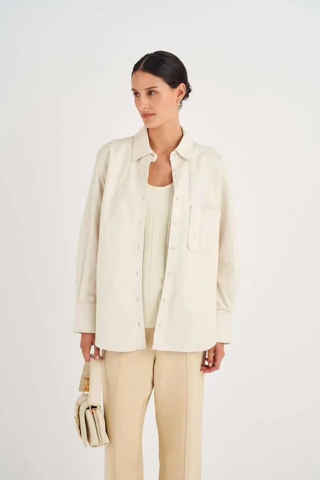 Oroton Tops Leather Overshirt Paper White 8211 Women