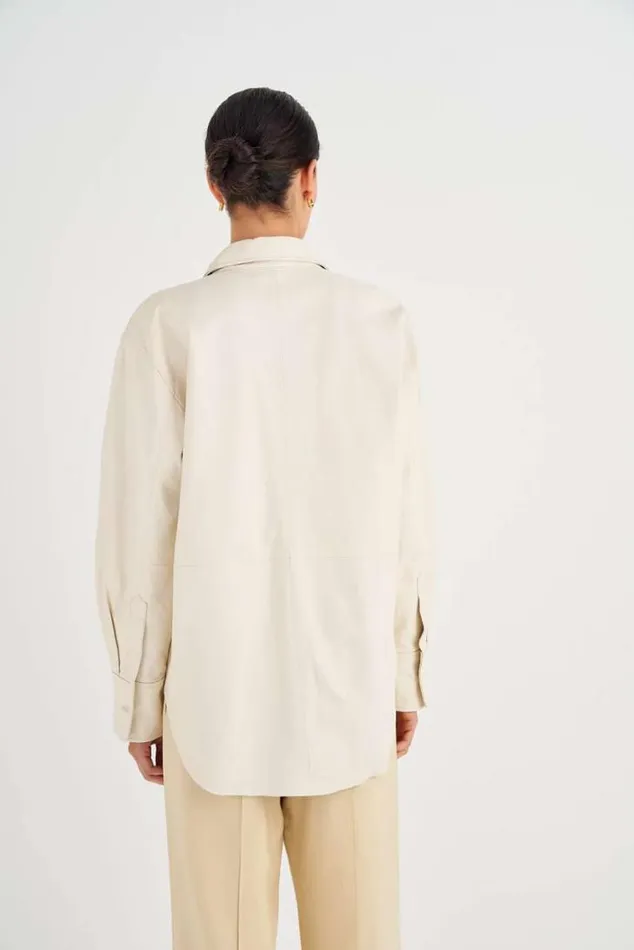 Oroton Tops Leather Overshirt Paper White 8211 Women