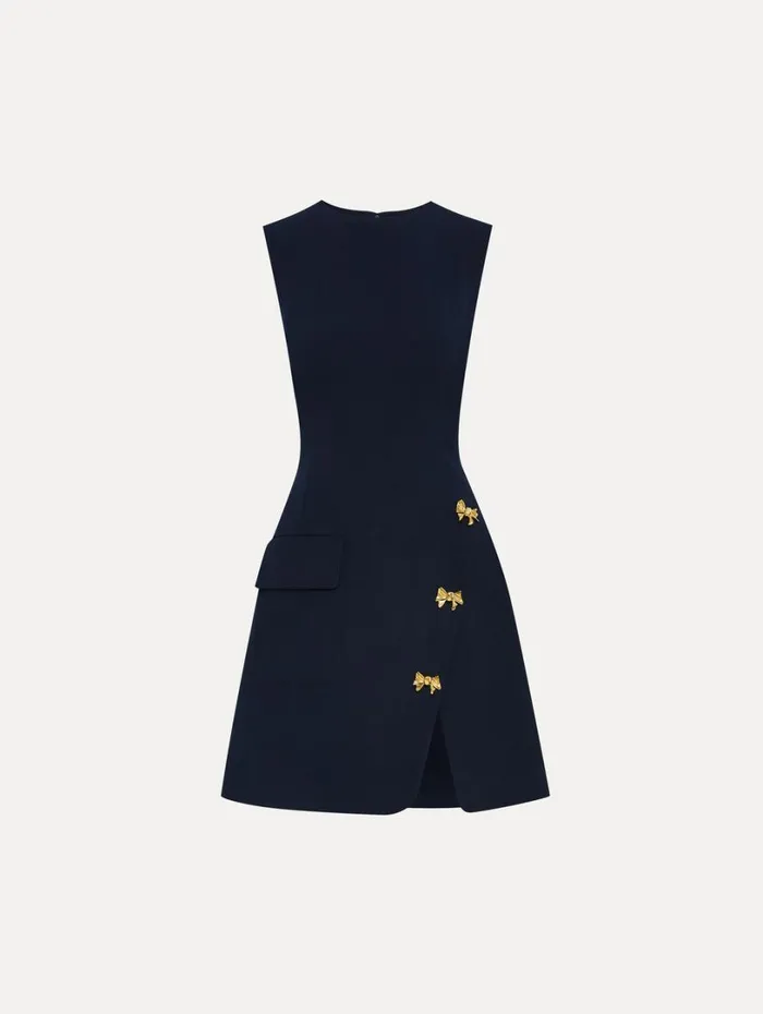Oscar De La Renta Bow Button Split Skirt Dress Navy Women Dresses