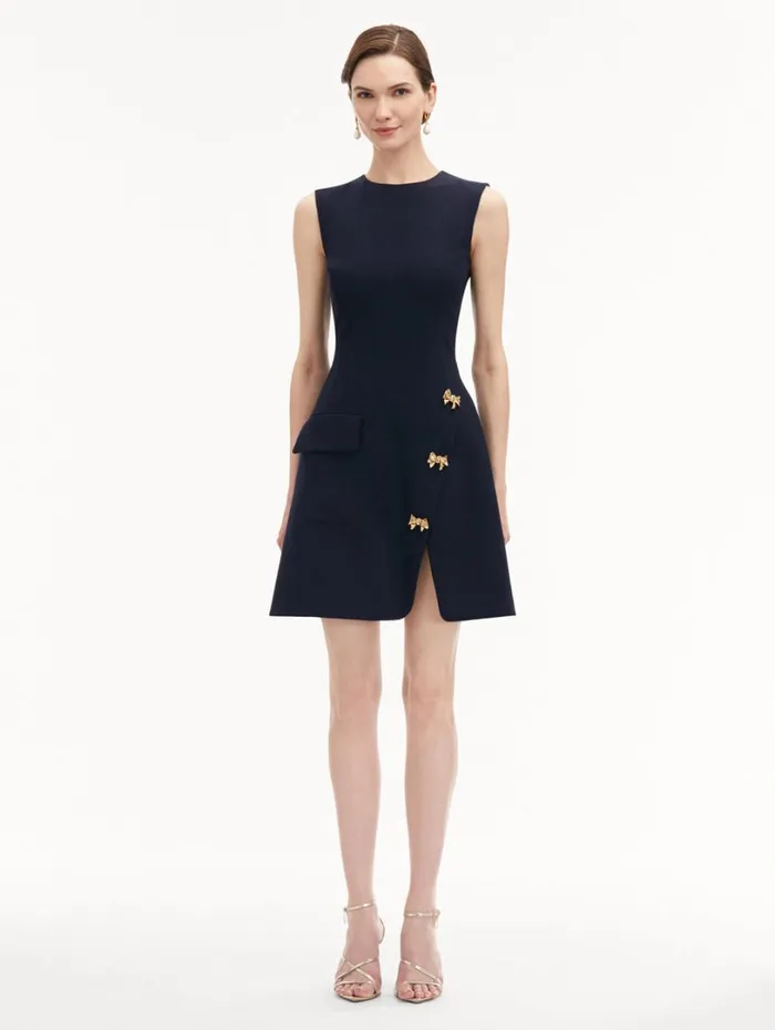Oscar De La Renta Bow Button Split Skirt Dress Navy Women Dresses Oscar De La Renta Bow Button Split Skirt Dress Navy Women Dresses