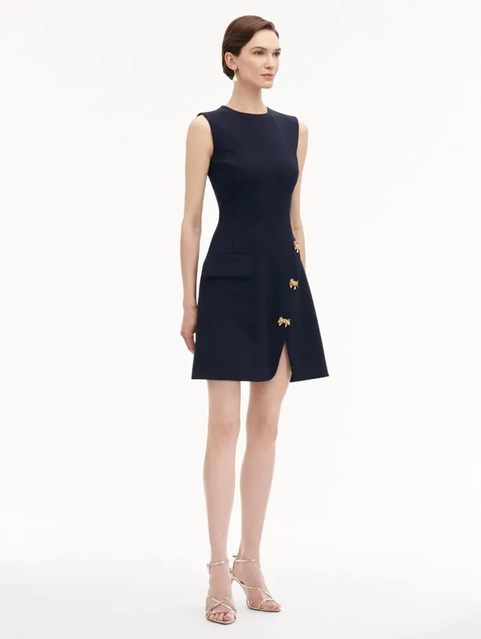Oscar De La Renta Bow Button Split Skirt Dress Navy Women Dresses Oscar De La Renta Bow Button Split Skirt Dress Navy Women Dresses
