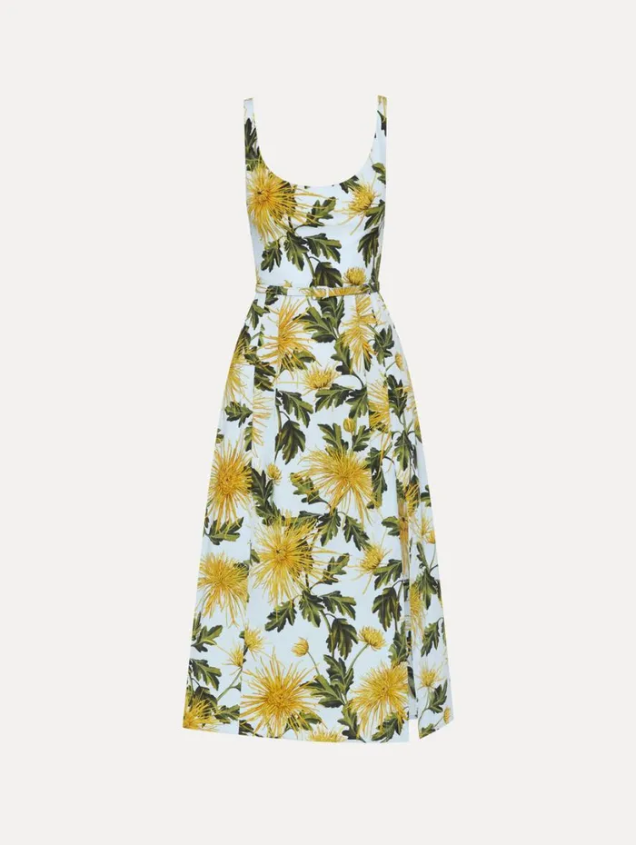 Oscar De La Renta Chrysanthemum Cotton Poplin Tank Dress Yellow Light Blue Women Dresses